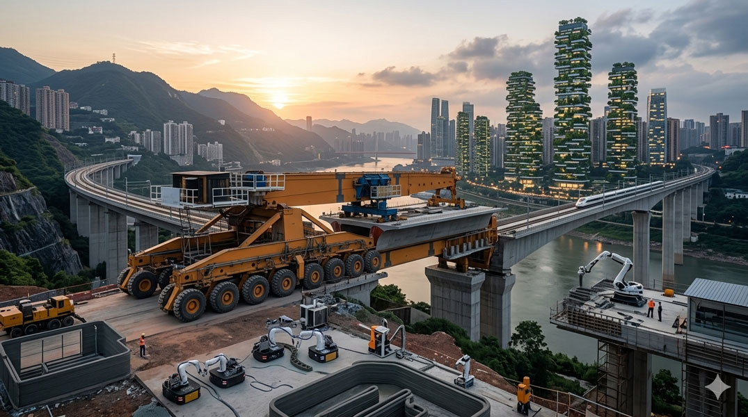 Китайский мостоукладчик SLJ900 на фоне лесных небоскребов и 3D-печати бетонных конструкций в Чэнду
